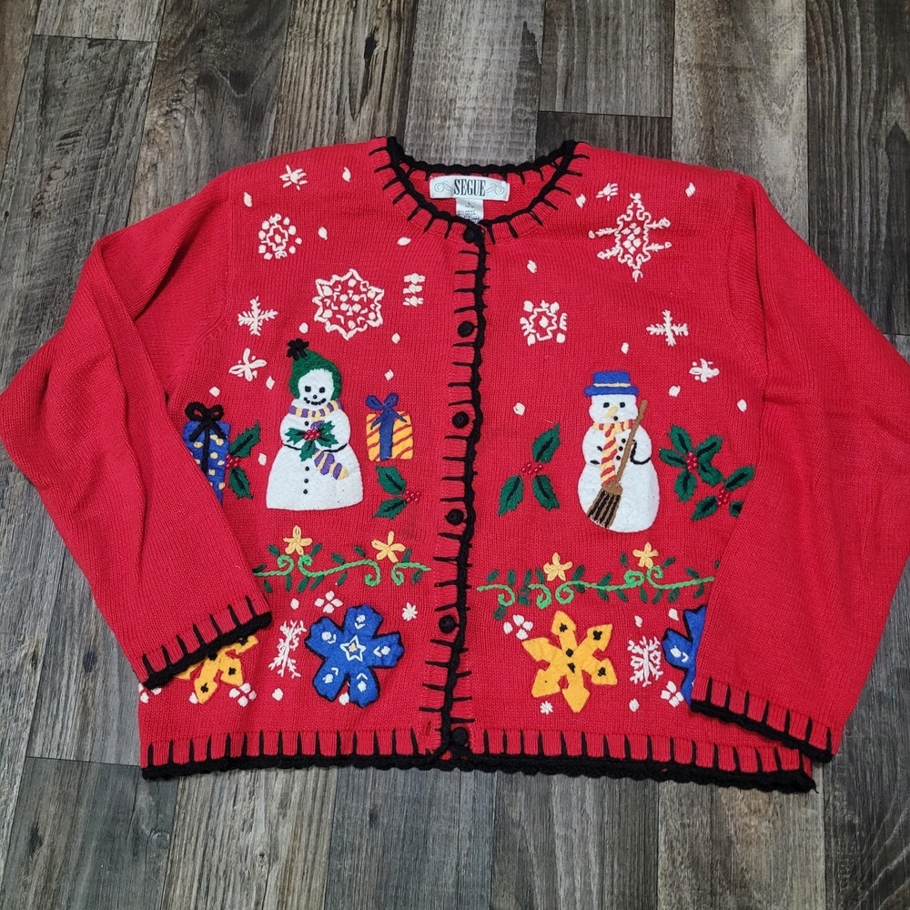 Segue Vintage Ugly Christmas Holiday Cardigan Sweater Size Large (14-16) Youth